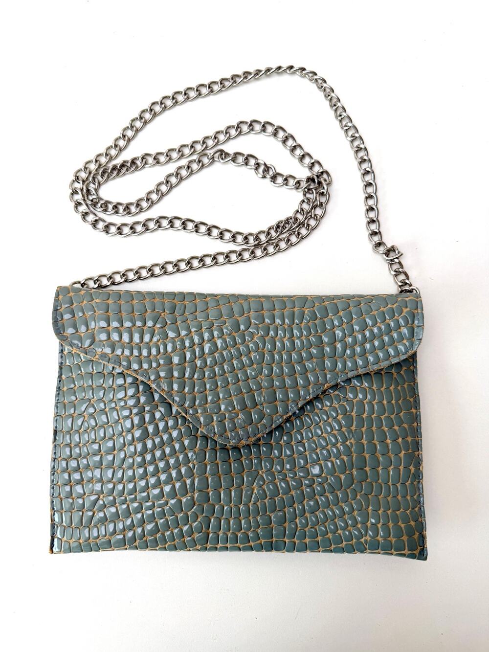 JJ Winters Blue Gray Croc Envelope Chain Bag Women's